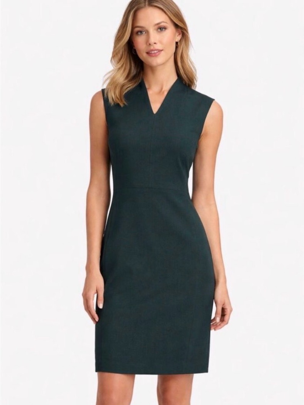 V-Neck Sleeveless Midi Sheath Dress in Dark Teal